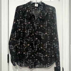 Black with flowers, long sleeve, sheer button up